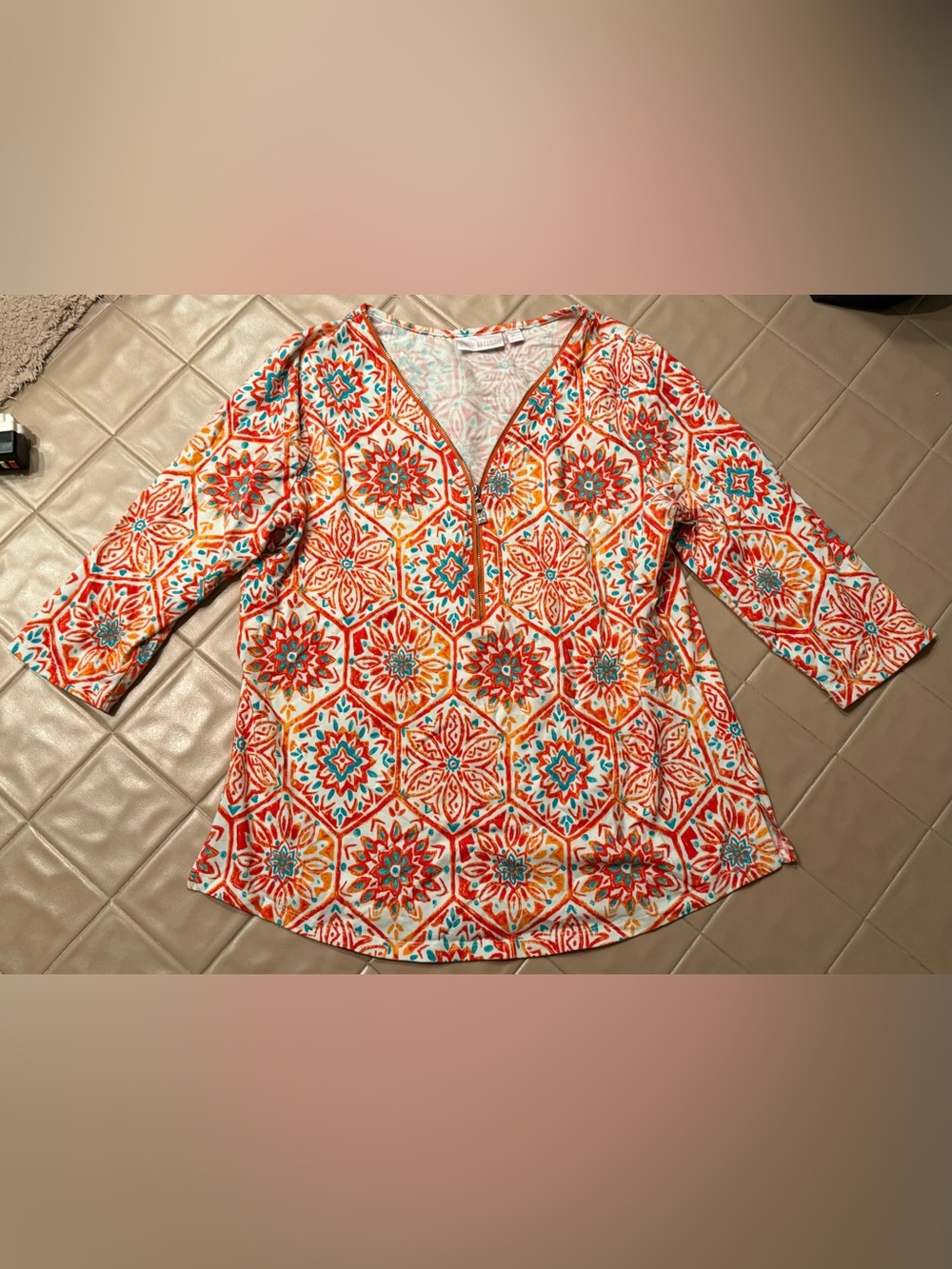 Belle Kim Gravel Medallion Print 1/2 Zip Top Women’s Medium M 3/4 Sleeve Knit
